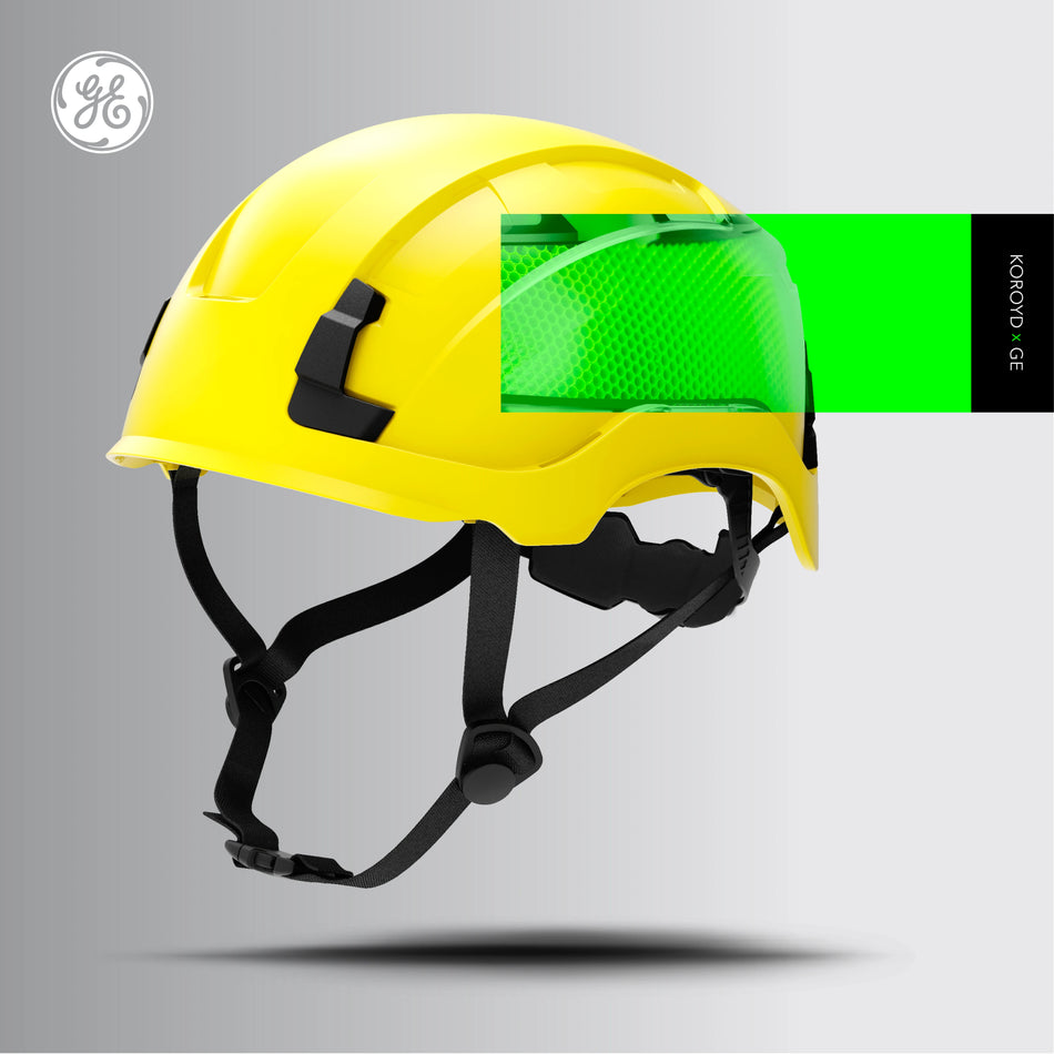 yellow, Non-Vented | side view with integrated visor detail | Non-Vented Type 2 Safety Helmet with Koroyd — GE PPE GH501, ANSI Z89.1-2014 Class E & G | GH501Y