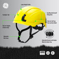 yellow, Non-Vented | side view with labeled features diagram | Non-Vented Type 2 Safety Helmet with Koroyd — GE PPE GH501, ANSI Z89.1-2014 Class E & G | GH501Y