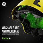 yellow, Non-Vented | side view with water splashing detail | Non-Vented Type 2 Safety Helmet with Koroyd — GE PPE GH501, ANSI Z89.1-2014 Class E & G | GH501Y