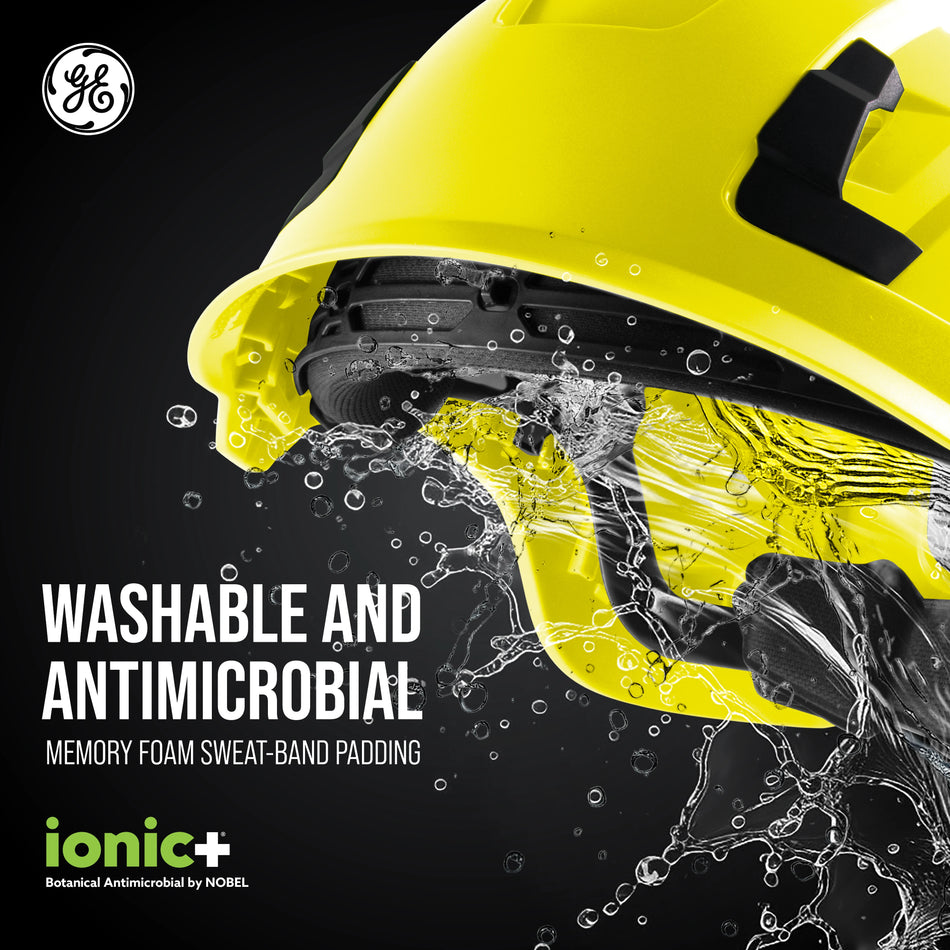yellow, Non-Vented | water splashing on yellow safety helmet | Non-Vented Type 1 Safety Helmet with Koroyd — GE PPE GH401, ANSI Z89.1-2014 Class E | GH401Y