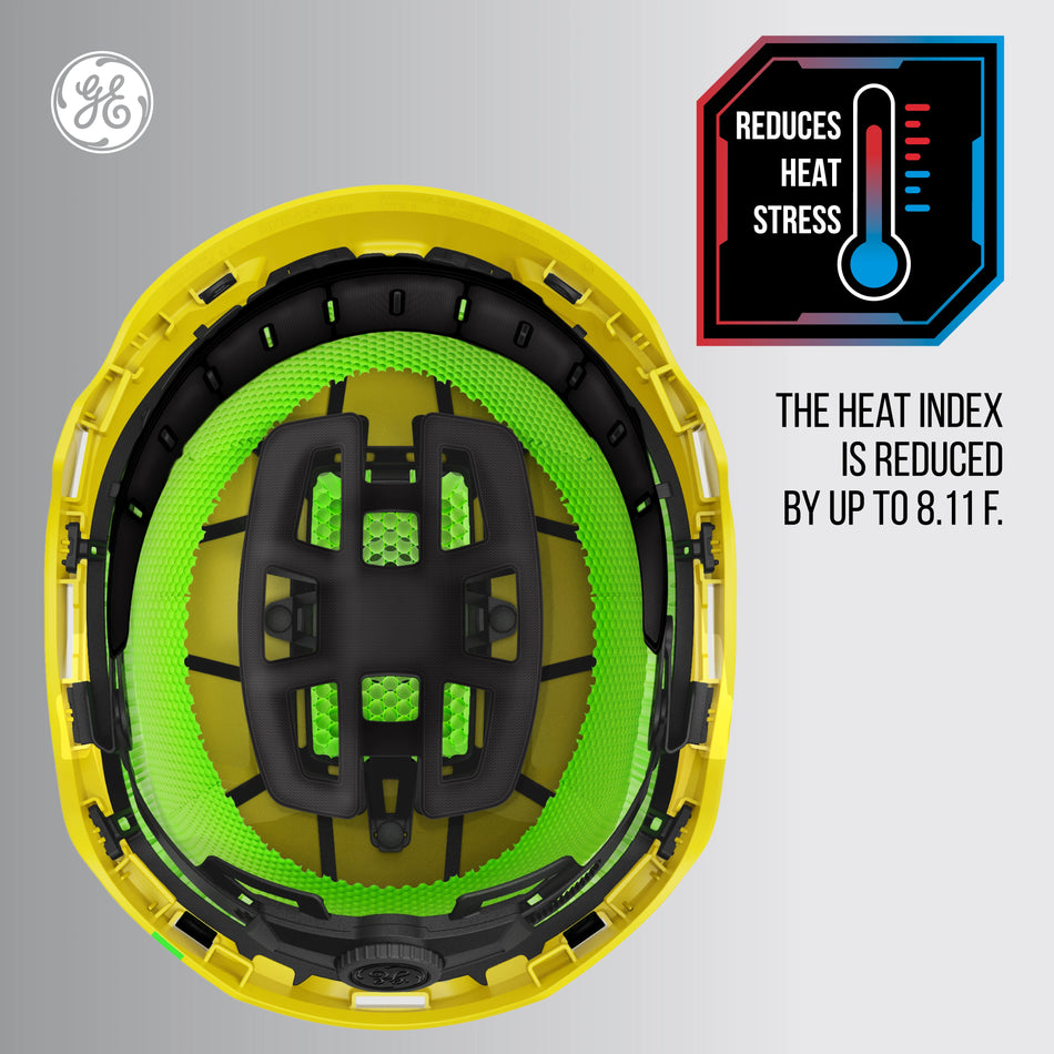 yellow, Non-Vented | top-down view of interior ventilation system | Non-Vented Type 2 Safety Helmet with Koroyd — GE PPE GH501, ANSI Z89.1-2014 Class E & G | GH501Y