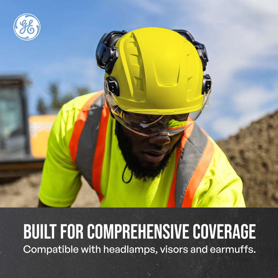 yellow, Non-Vented | worker wearing helmet on job site | Non-Vented Type 1 Safety Helmet with Koroyd — GE PPE GH401, ANSI Z89.1-2014 Class E | GH401Y