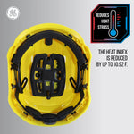 yellow, Vented | top-down view showing interior venting | Vented Type 1 Safety Helmet with Koroyd — GE PPE GH400, ANSI Z89.1-2014 Class C | GH400Y