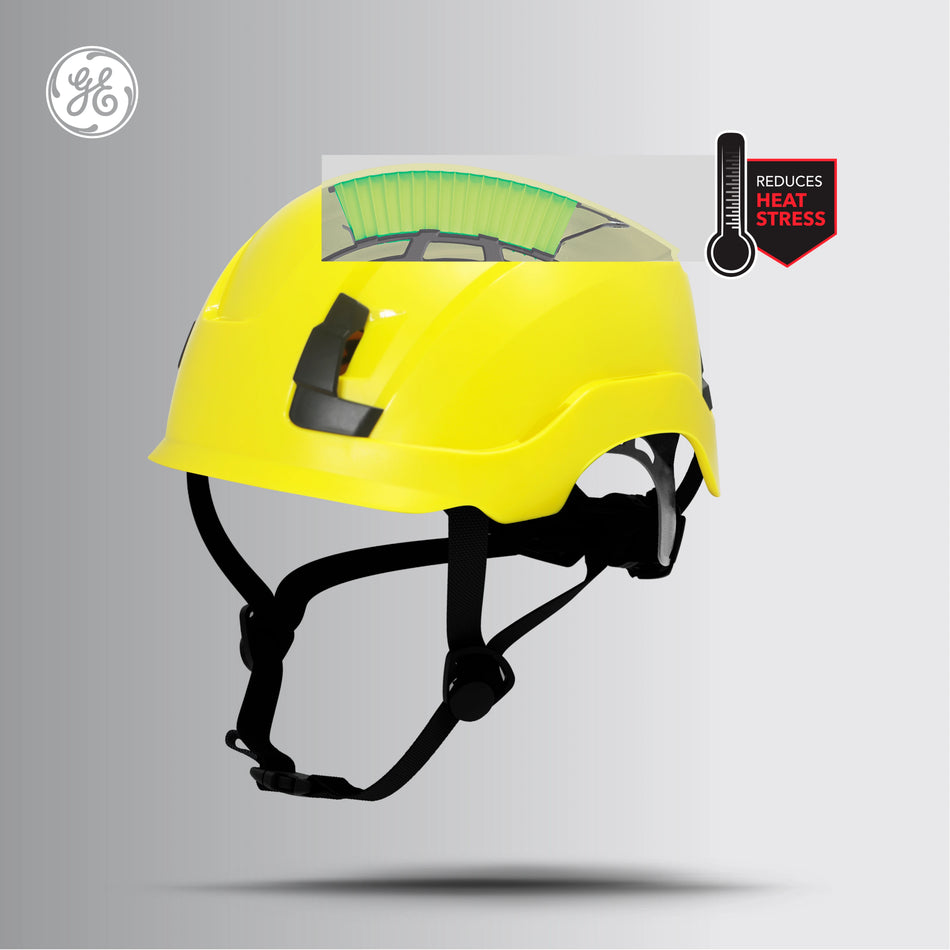 yellow, Vented | front view with ventilation features highlighted | Vented Type 1 Safety Helmet with Koroyd — GE PPE GH400, ANSI Z89.1-2014 Class C | GH400Y