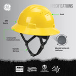 yellow | front view with specifications labeled | Vented Full Brim Hard Hat — GE PPE GH328, ANSI Z89.1-2014 Type 1 Class C | GH328Y