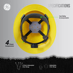 yellow | interior top-down view with specifications labeled | Vented Full Brim Hard Hat — GE PPE GH328, ANSI Z89.1-2014 Type 1 Class C | GH328Y