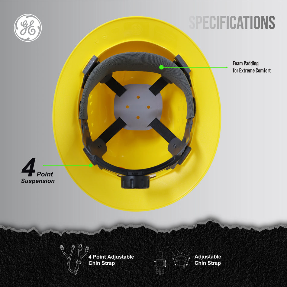 yellow | interior top-down view with specifications labeled | Vented Full Brim Hard Hat — GE PPE GH328, ANSI Z89.1-2014 Type 1 Class C | GH328Y