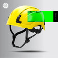 yellow, Vented | model wearing helmet on construction site | Vented Type 2 Safety Helmet with Koroyd — GE PPE GH500, ANSI Z89.1 Class C | GH500Y