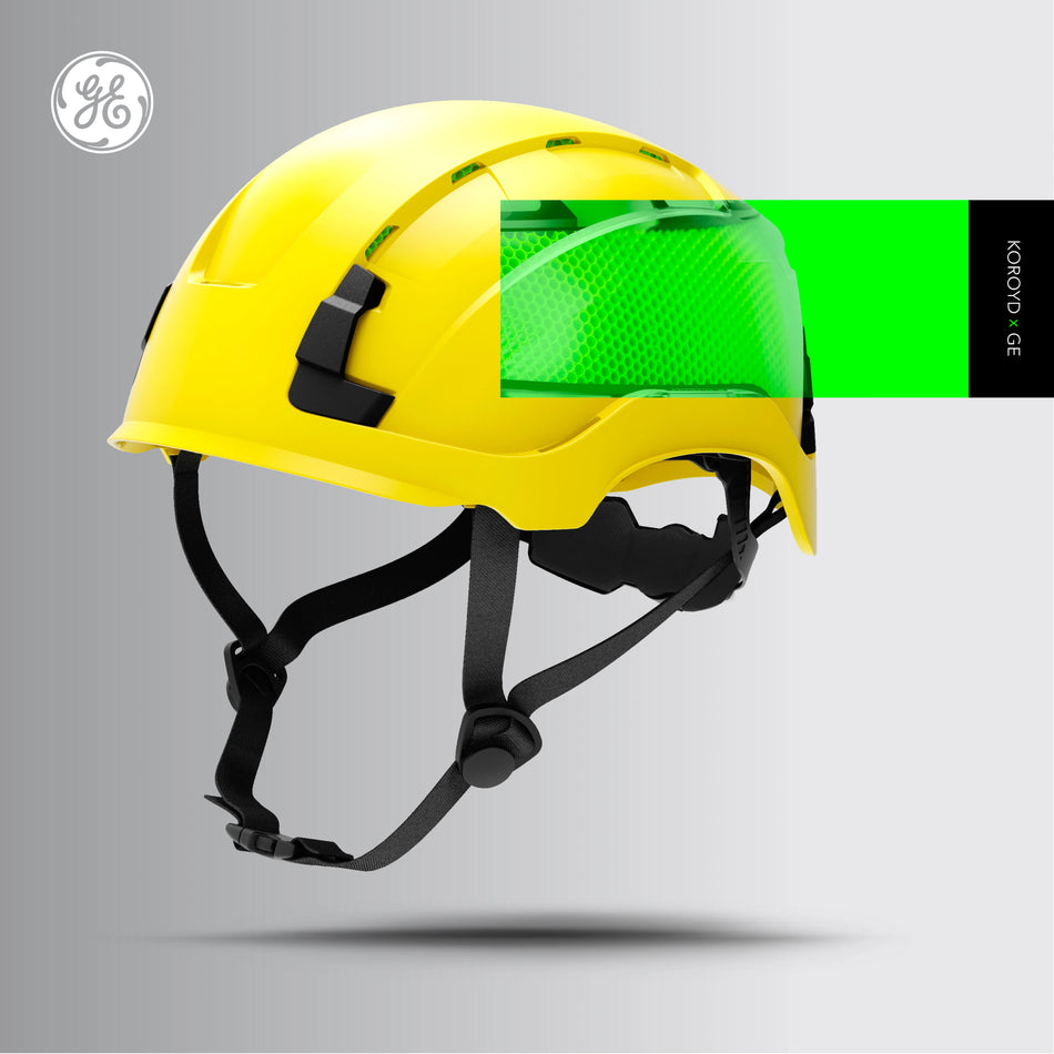 yellow, Vented | model wearing helmet on construction site | Vented Type 2 Safety Helmet with Koroyd — GE PPE GH500, ANSI Z89.1 Class C | GH500Y