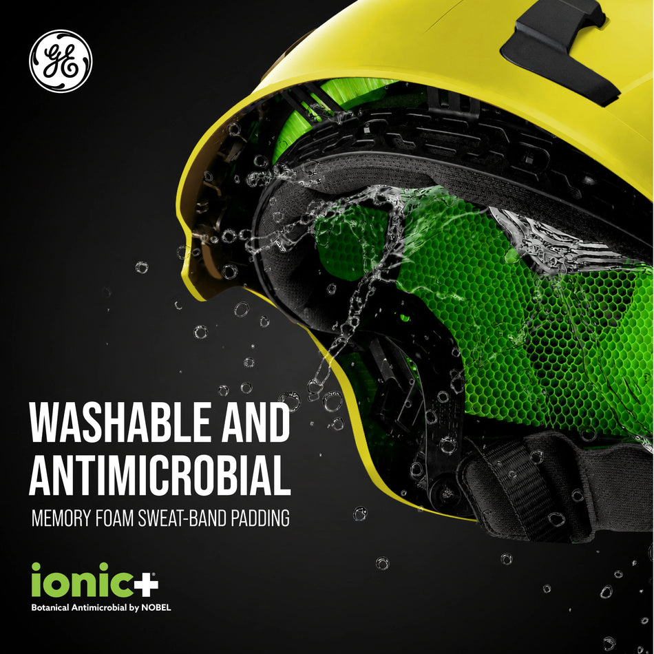 yellow, Vented | three-quarter view showing ventilation technology | Vented Type 2 Safety Helmet with Koroyd — GE PPE GH500, ANSI Z89.1 Class C | GH500Y