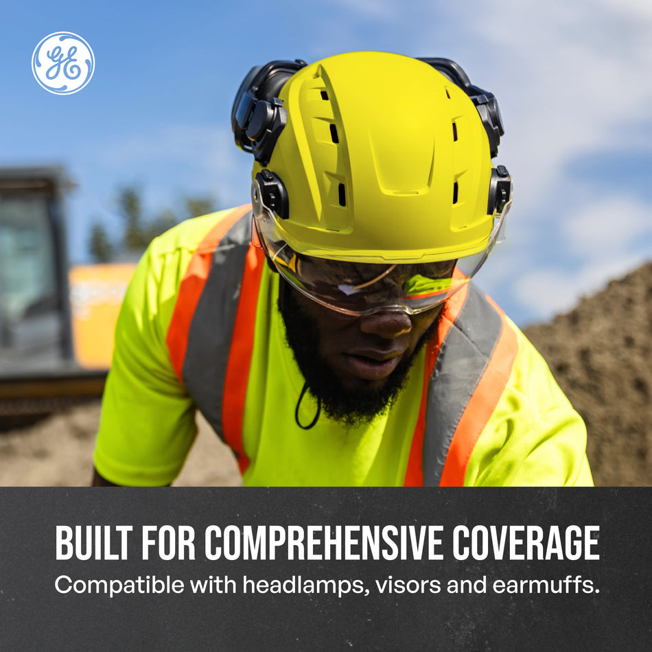 yellow, Vented | worker wearing safety helmet outdoors | Vented Type 1 Safety Helmet with Koroyd — GE PPE GH400, ANSI Z89.1-2014 Class C | GH400Y